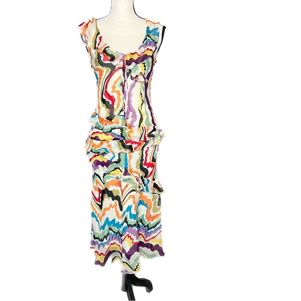 Anthropologie 100% Silk Patterned Ruffle Maxi Dress Sz 4